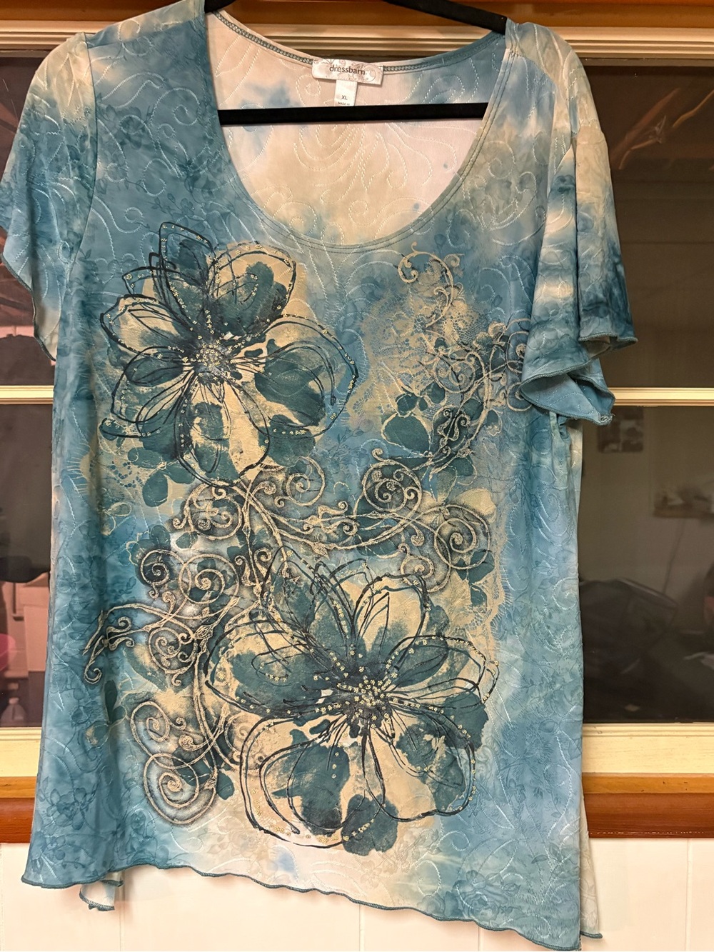 Dress Barn Teal and Cream Floral Scoop Neck Top